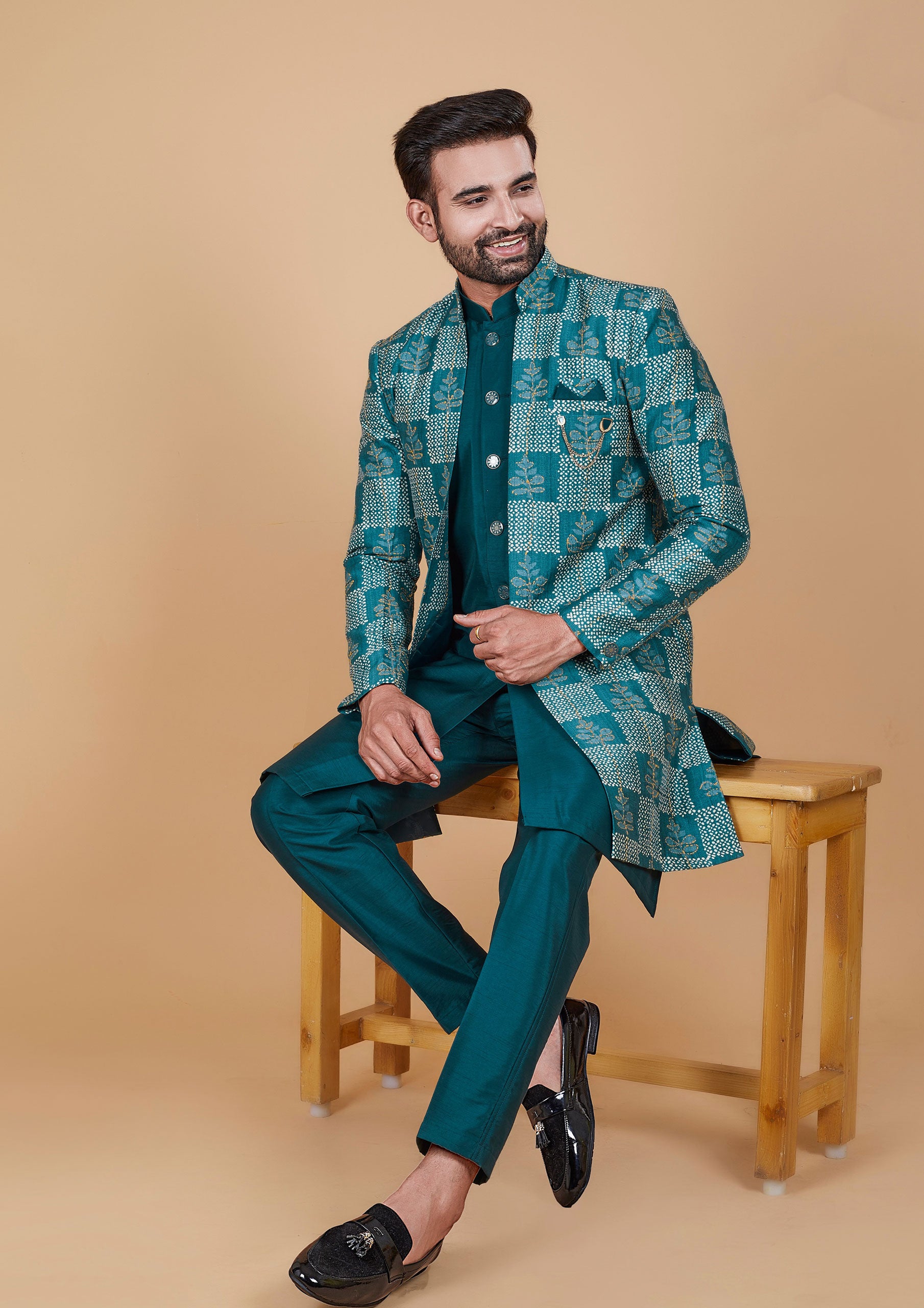 Teal Color Jacquard Silk Thread Work Men's Wear